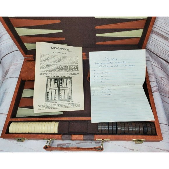 Vintage Tan Brown Stripe Backgammon Family Board Game With Booklet - Picture 11 of 12